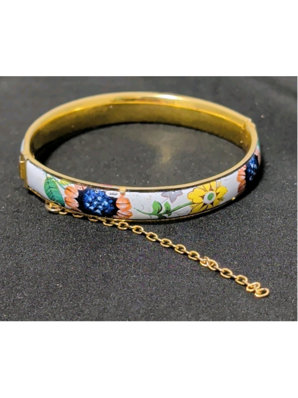 Vintage Enamel Bangle Bracelet Gold Tone Floral White Hinged Safety Chain*Broken